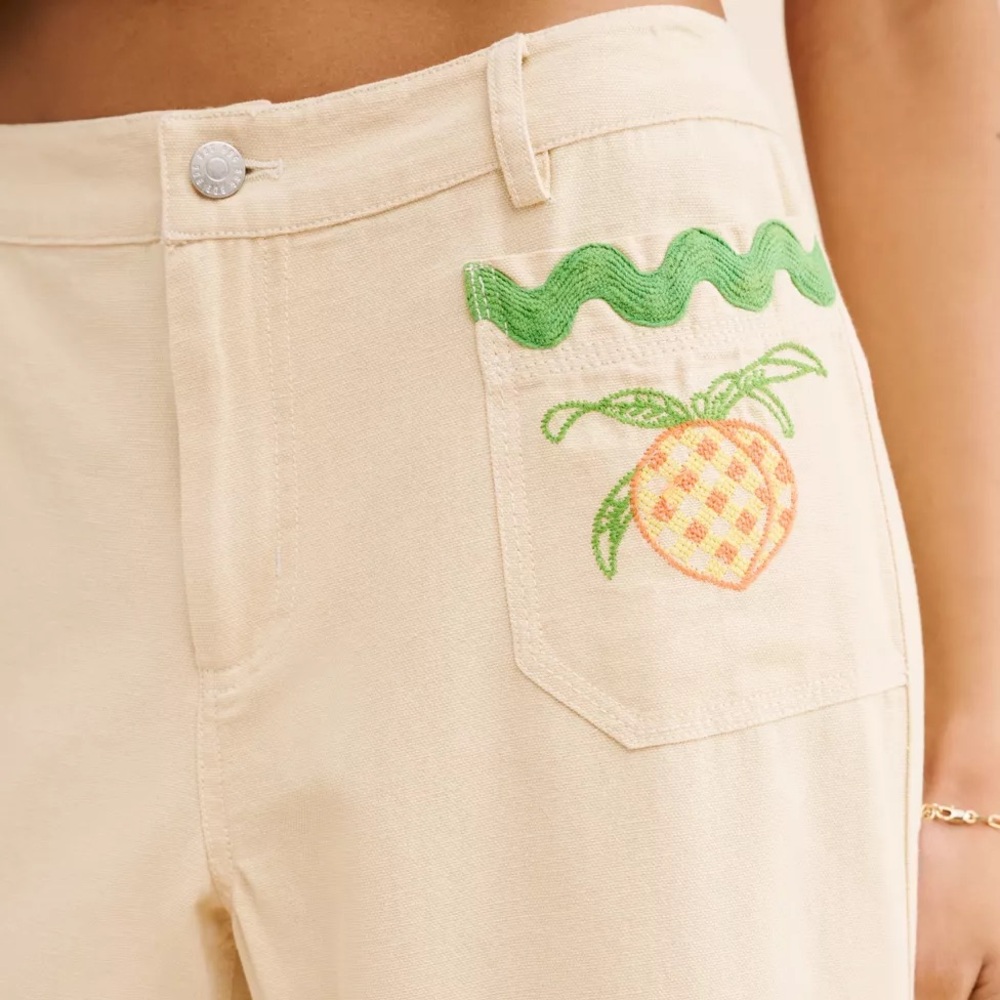 BDG Urban Outfitters Joey Cream Straight Leg Fruit Embroidered Mid Rise Pants - Picture 3 of 6